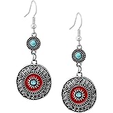 MINACHI Bohemian Vintage Style Geometric Blue and Red Dangle Earrings, Ethnic Jewelry for Women