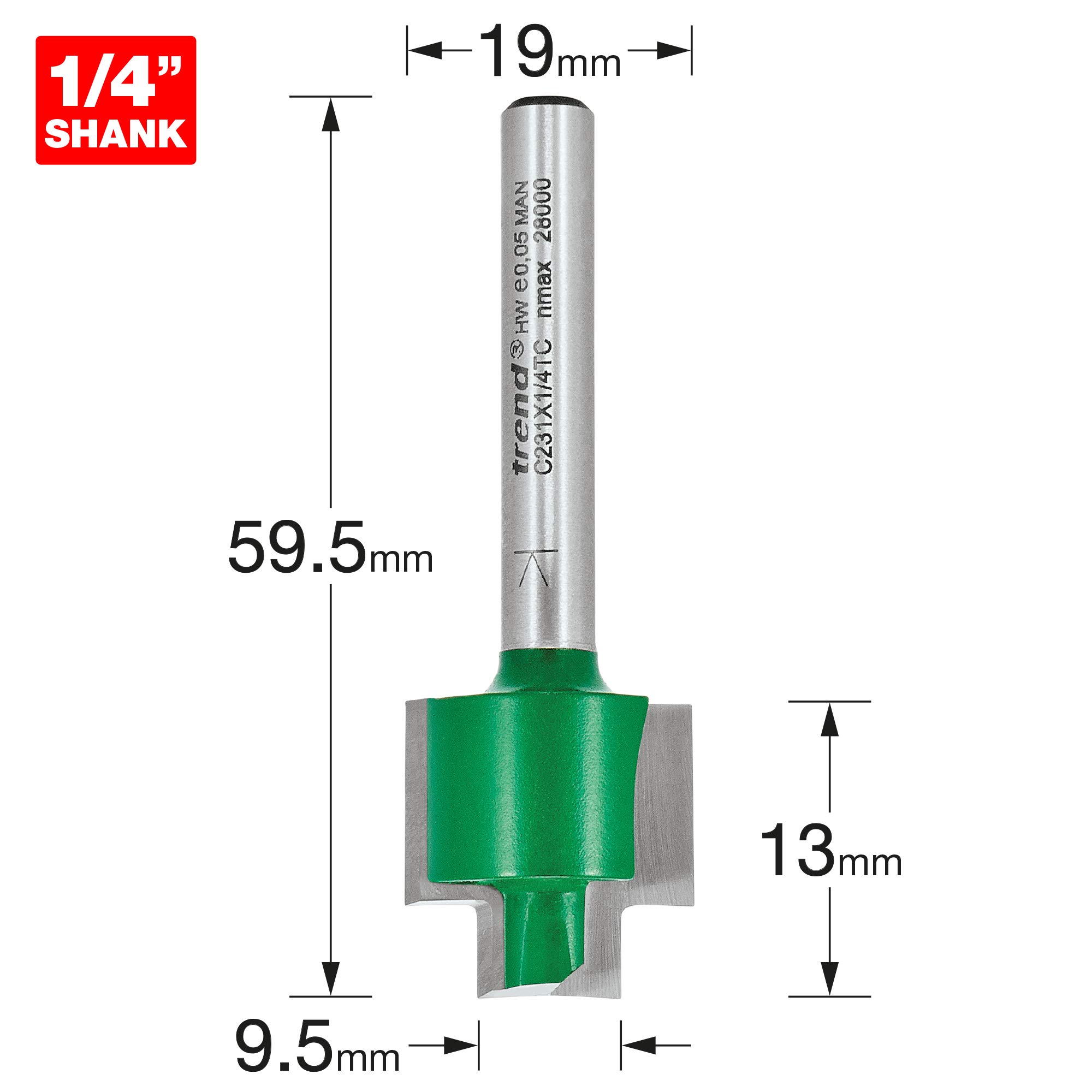 Trend CraftPro Rebater Router Cutter, 1/4 Inch Shank, 13mm Cut Length and 9.5/19mm Cut Diameter, Tungsten Carbide Tipped, C231X1/4TC