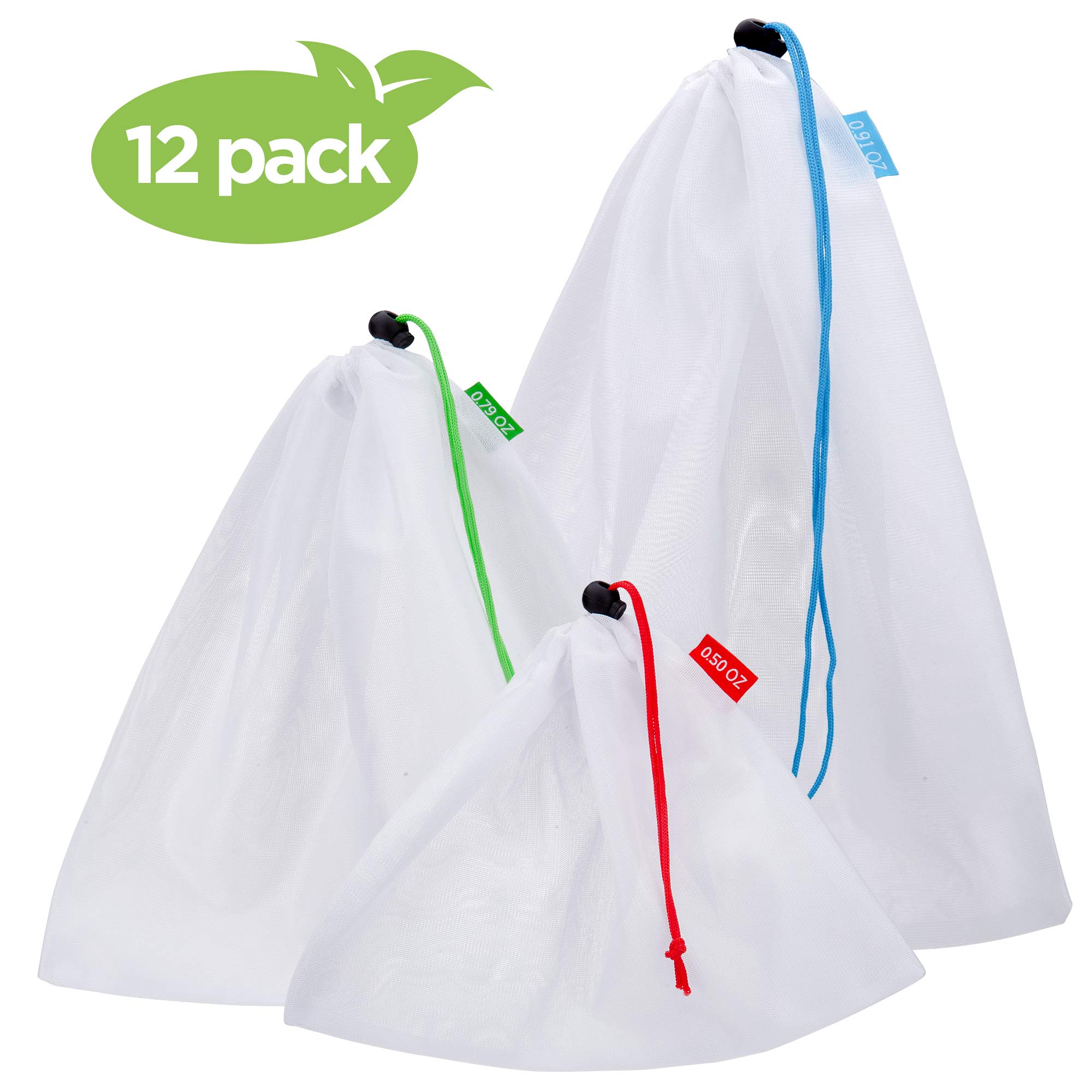 SGM Reusable Mesh Produce Bags : Pack of 12 Washable Drawstring Storage Pouches In 3 Sizes – Multipurpose See Through Bags w/Tare Weight Tag For Grocery Shopping, Toy Organization, Gym Shoe