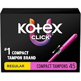 U by Kotex Click Compact Tampons, Regular, Unscented, 45 Count | BPA Free, Gynecologist Tested, Smooth Tip Insertion, Individually Wrapped, Pocket-Ready, Leak Free Protection