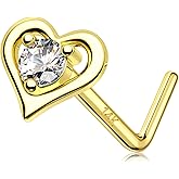 MeIighting Gold Nose Stud L Shaped, 20G Nose Rings, 14K Solid Gold Nose Piercing Jewelry for Women Clear CZ, Real Gold Heart Nose Screw, Star Nostril Piercing for Women
