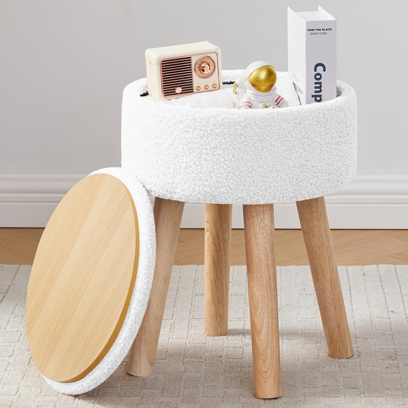 Photo 1 of BRIAN & DANY Vanity Stool, Sherpa Vanity Stool Chair with Storage, Round Makeup Chair Soft Padded Seat with Legs for Bedroom (White)