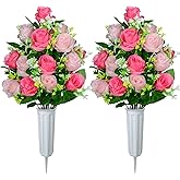 XONOR Artificial Cemetery Flowers, Set of 2 Artificial Rose Bouquet Graveyard Memorial Flowers with Vase for Cemetery Headstones Decoration (Pink-2Pcs)