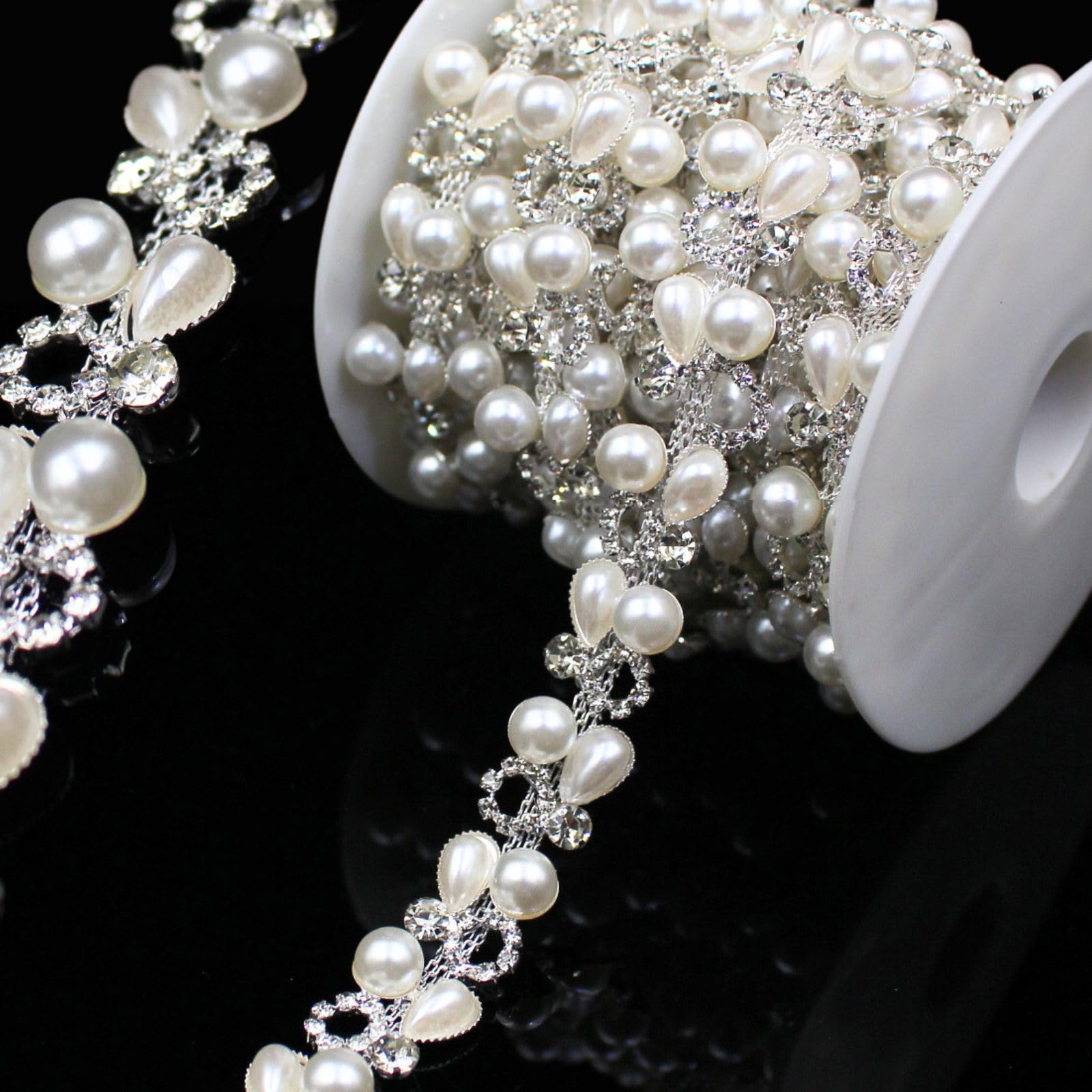 Photo 1 of 1 Yard Pearl Chain Silver Rhinestone Trim String Crystal Applique Fringe Ribbon Strips Beads Sewing Dress DIY Party Wedding Bouquet for Decoration Bridal Costume Embellishment