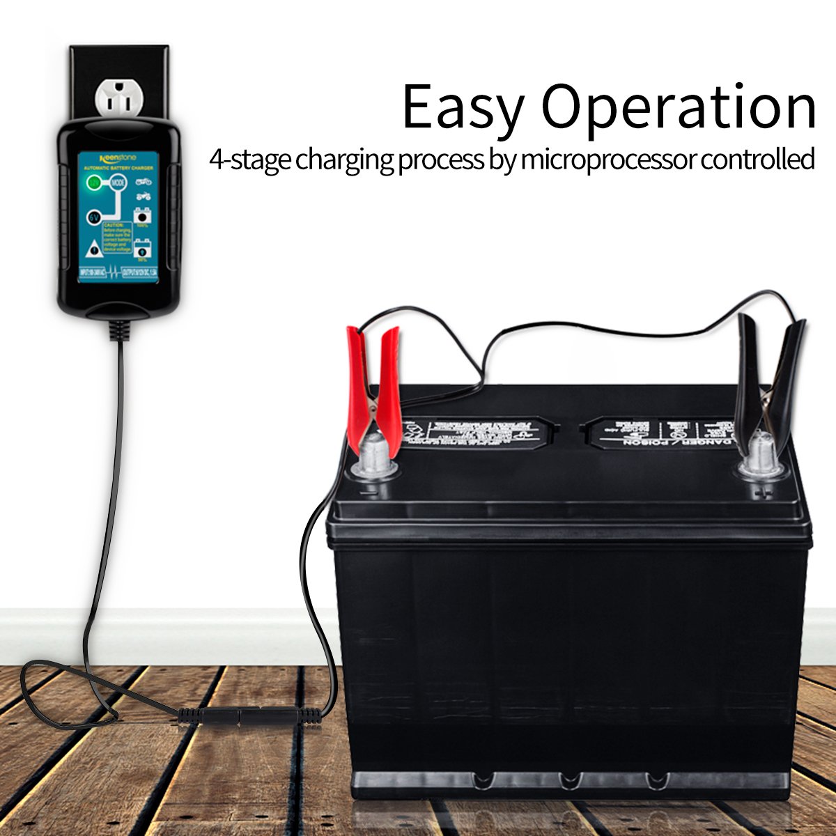 Keenstone Automotive Trickle Battery Charger Maintainer 6V&12V 1.5Amp, 4-Step Charging for Auto Car Motorcycle Lawn Mower SLA ATV AGM GEL CELL Lead Acid Batteries