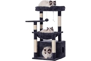 Heybly Cat Tree, Kitten Tower with Large Soft Cat Basket, Cat Condo with Spacious Cat Bed Cave with Hidden Space, Sisal-Covered Scratching Posts, Dangling Ball for Indoor Cats, Smoky Gray HCT008SG