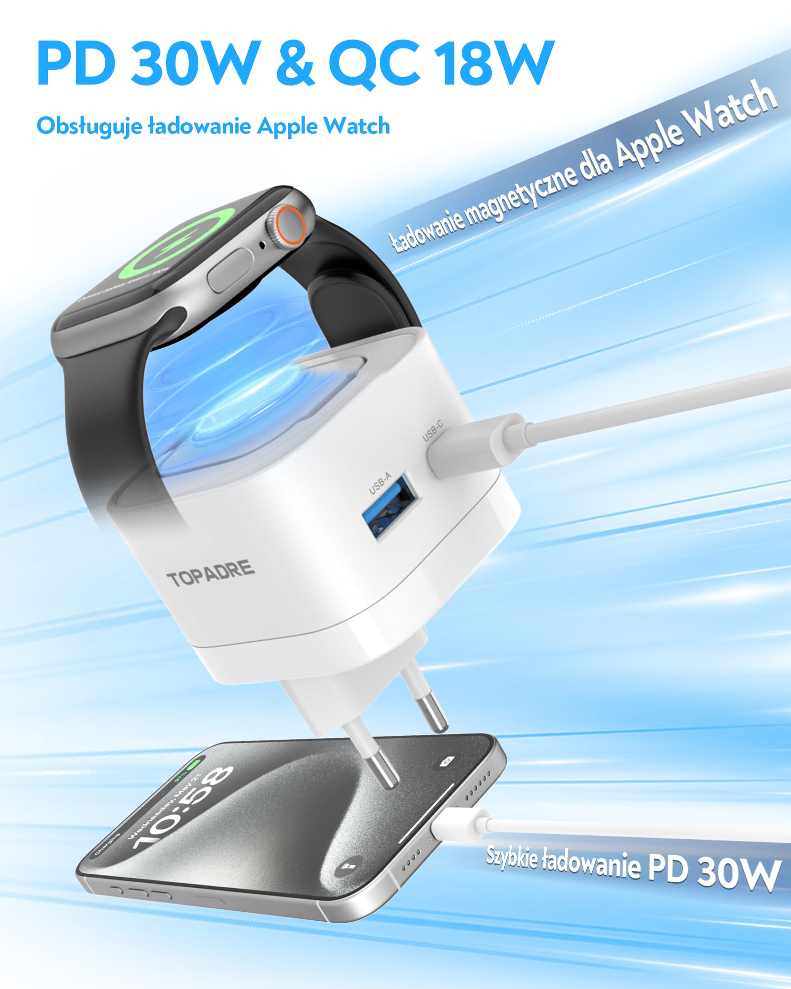 TOPADRE 30W Ladegerät für Apple Watch, 3-in-1 30W USB C iPhone Ladegerät PD 3,0 Schnellladegerät Apple Watch 11/10/9/8/Ultra/SE, USB C Ladekabel für iPhone17/16/15 Pro Max, für iPad Air/Airpods, Weiß 2