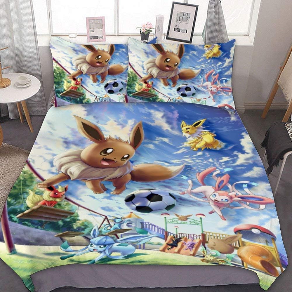 MEW Anime Poke-mon Twin Bedding Duvet Cover Set,Eeveelution (2),3 Pieces Bedding Set,with Zipper Closure and 2 Pillow Shams,Cute Boys Girls Comforter Sets,Luxury Guestroom Decorations