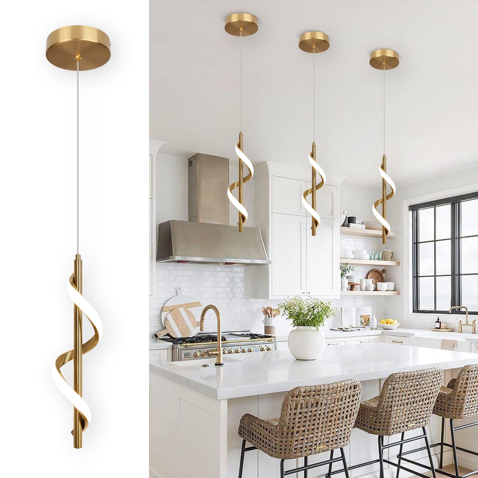 Photo 1 of CANEOE Gold Pendant Light, Spiral Modern Led Pendant Lighting for Kitchen Island, 5500K Brushed Brass Ceiling Hanging Light Fixture for Dining Room Bedroom Sink Table Small Pendant Lights