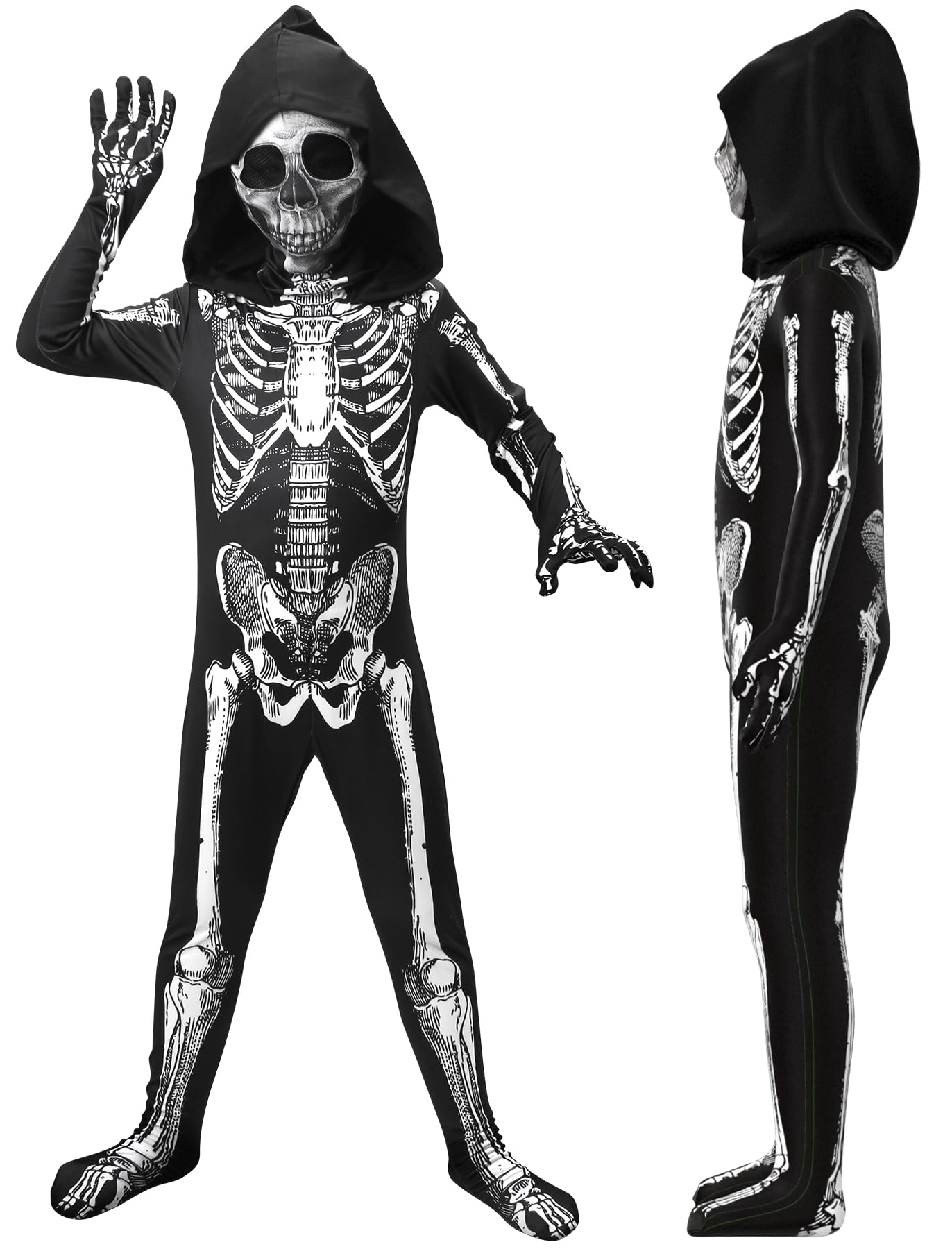 Photo 1 of ODESABO Skeleton Costume Kids,Halloween Scary Costume for Boys,Hooded Skeleton Jumpsuit with Mask for Kid Boy Girls (11-12 Years)