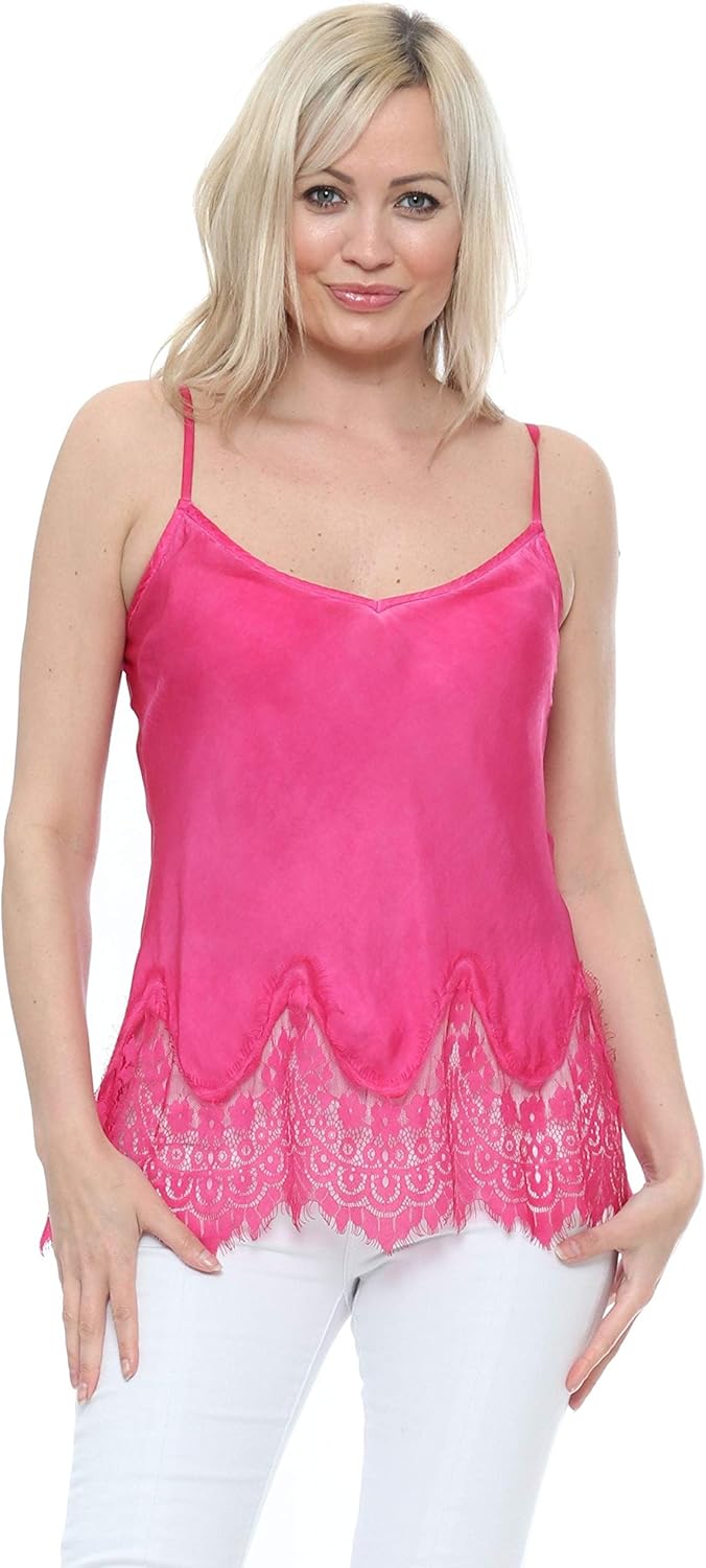 Designer Desirables Made in Italy Hot Pink Lace Silky Camisole Top Pink