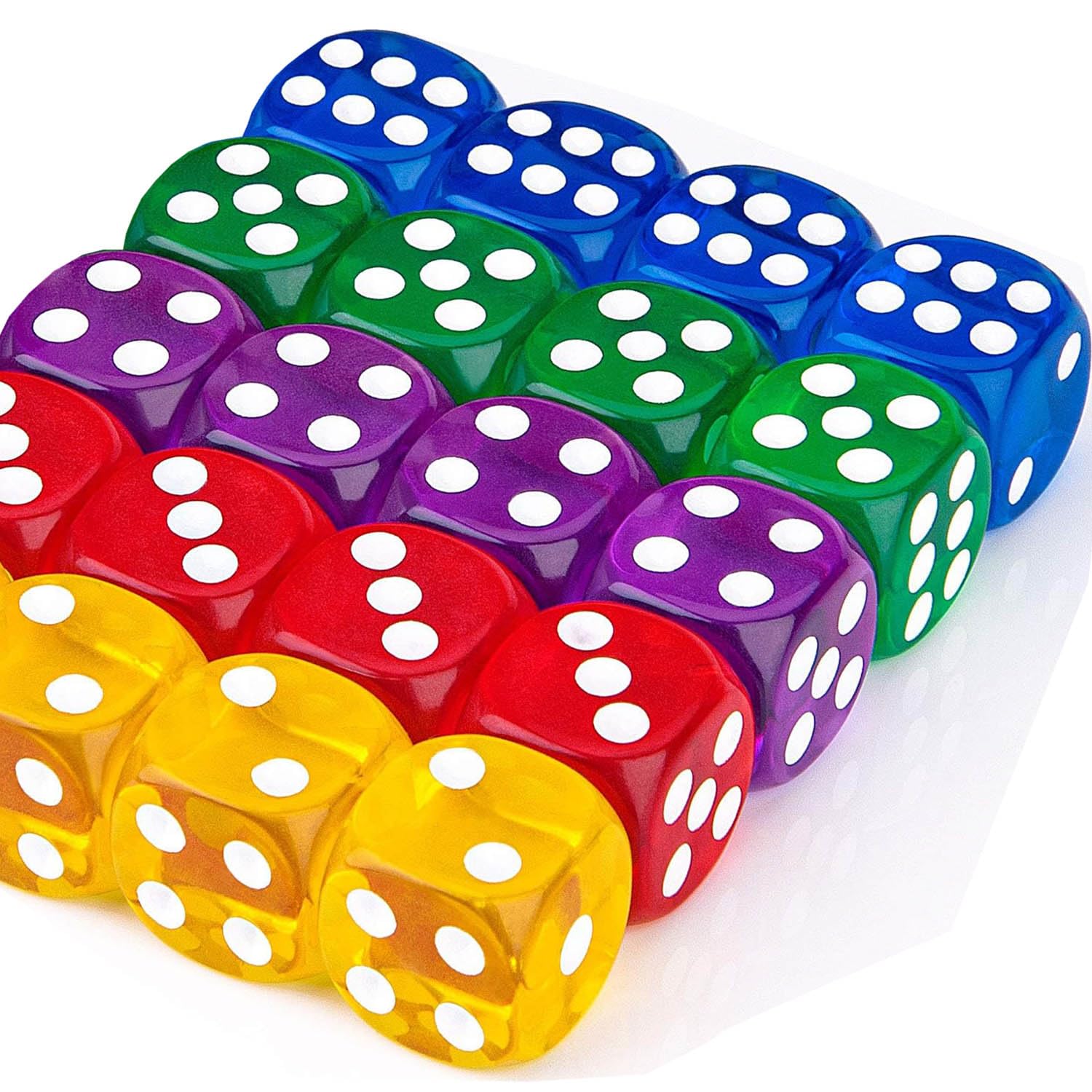Pack of 20 Colourful D6 Dice Play Dice Acrylic Multicoloured Dice Set for Games Table Games 5 Colours（14mm,16mm） (16mm)
