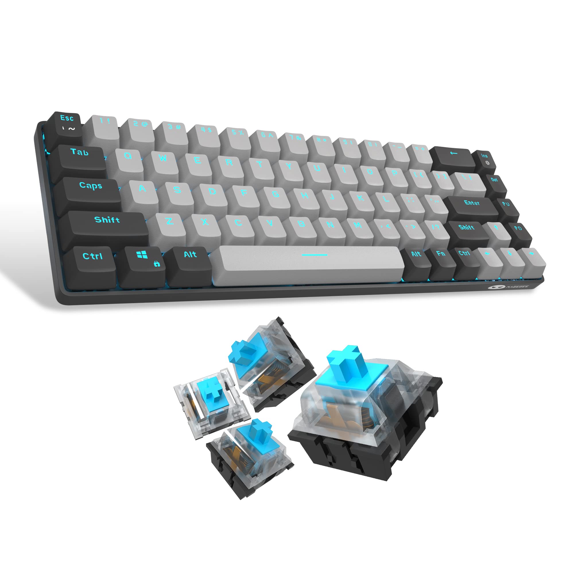 Magegee Portable 60% Gaming Mechanical Keyboard, Minimalist Mk-Box Ice Blue Backlit Compact 68 Keys Wired Office Keyboard With Blue Switch For Windows Laptop Pc Mac Convenient(Black &Amp; Grey)