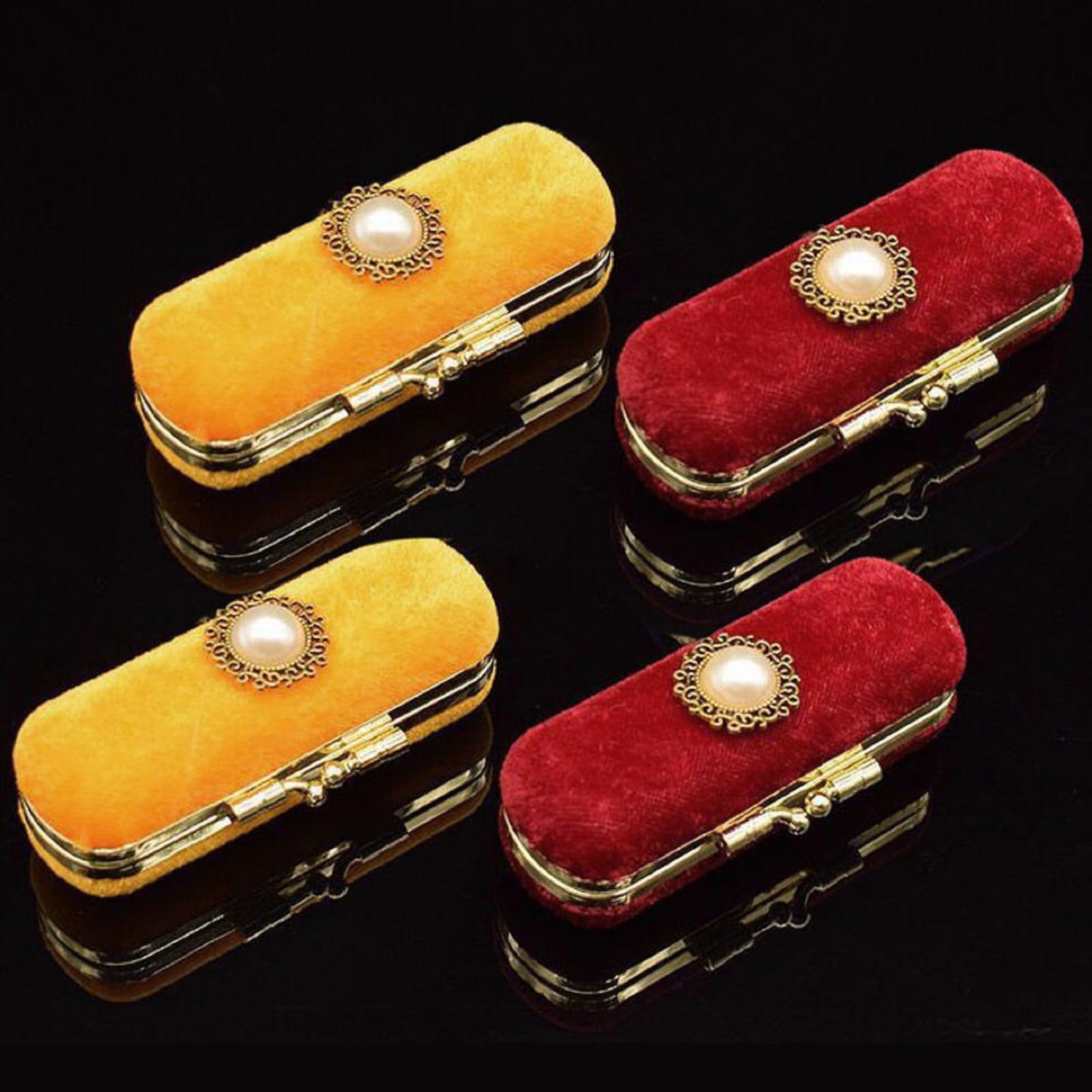 MIAO JIN 2PCS Lipstick case with mirror Lipstick case Storage case Mini portable Pearl Decoration Soft jewelry case cosmetic case (Red ＆ Yellow)