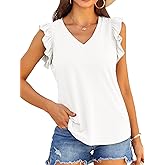 Valphsio Womens Casual V Neck Blouse Tops Frilled Ruffles Solid Sleeveless Tanks