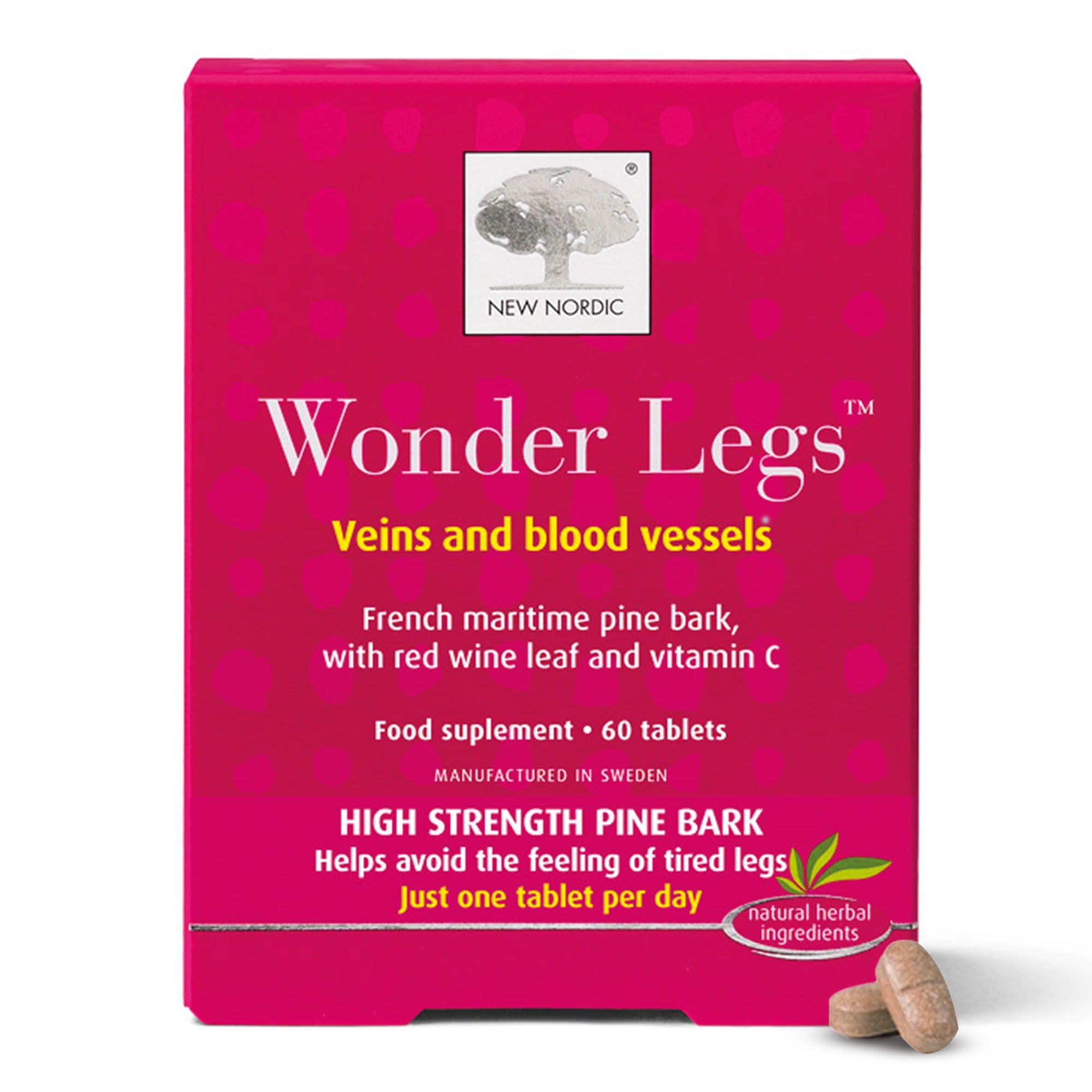 New Nordic Wonder Legs, High-Strength Pine Bark & Red Vine Leaf Extract with Vitamin C, Supports Normal Circulation & Vein Function, 60 Vegan Tablets