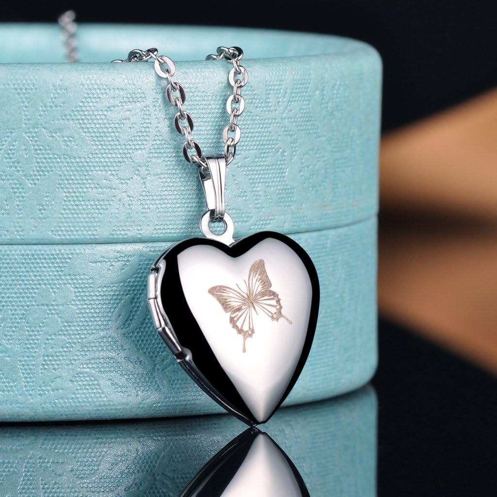 Yumilok Stainless Steel Butterfly Photo Locket for Opening Photo Pictures Amulet Silver Pink Blue Heart Pendant Necklace Pendant for Women Girls 2.1 cm x 2.3 cm - Image 3