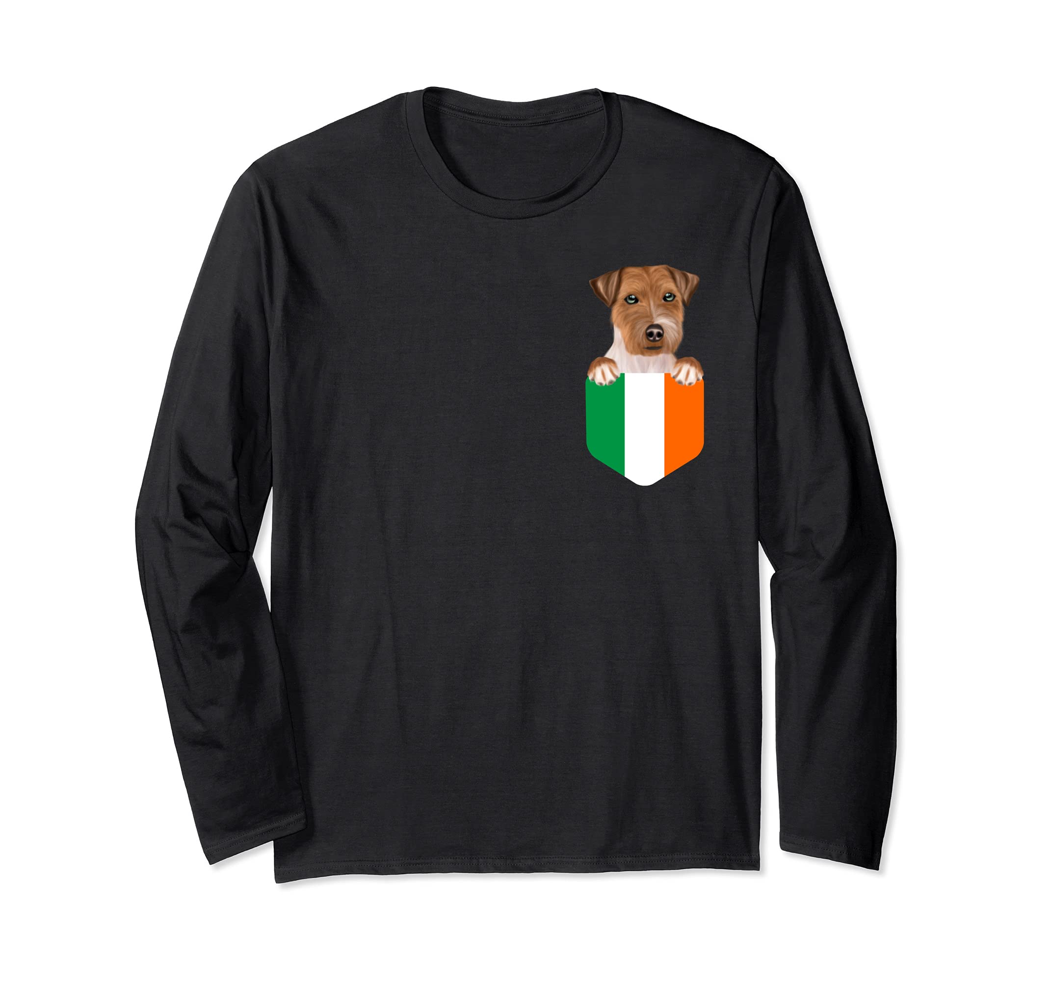 Ireland Flag Russell Terrier Dog In Pocket Long Sleeve T-Shirt