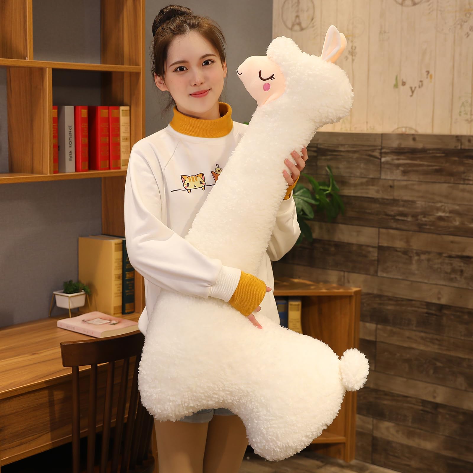 100cm Alpaka Kuscheltier, Alpaka-Plüschtier mit langem Hals, Weiches Alpaka-Kissen-Stofftier, Long Neck Plüschtier, Nettes Alpaka-Plüschtier, Sofakissen Kissen Cartoon Gefüllte Puppen (Braun, 100cm) 5