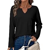Dokotoo Womens Tops Waffle Knit Long Sleeve Notched V Neck Shirts Casual Trendy Solid Color Loose Blouses