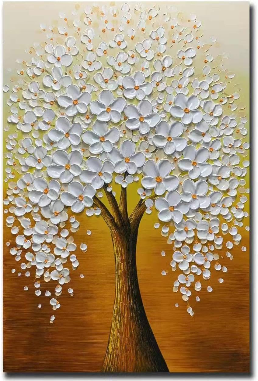 Paintings - Yotree Oil paintings, 24x36 Inch Golden-White Flowers Tree Luck Tree Oil Hand Painting Painting 3D Hand-Painted On Canvas Abstract Artwork Art Wood Inside Framed Hanging Wall Decoration Abstract Painting