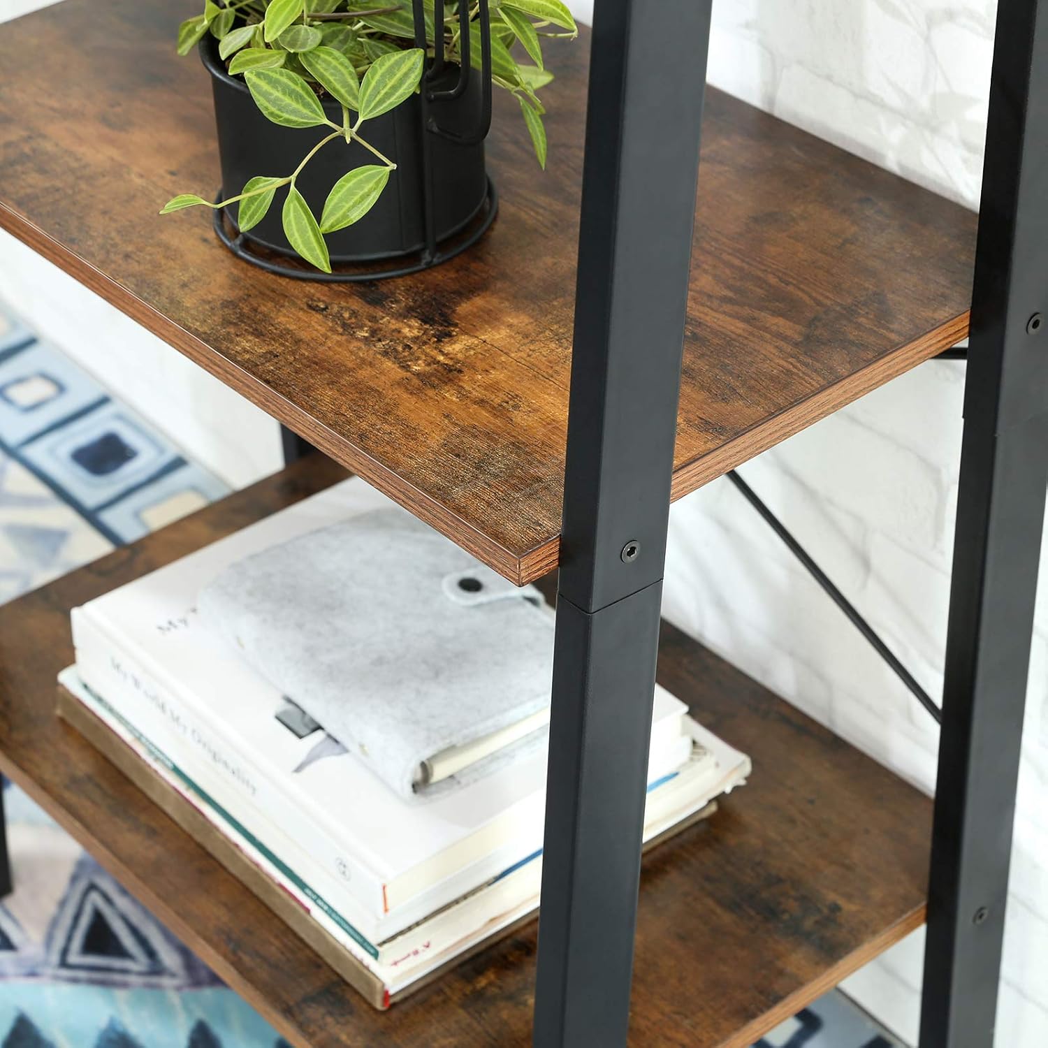 VASAGLE ALINRU Ladder Shelf, 4-Tier Bookshelf, Storage Rack Shelves, Bathroom, Living Room, Industrial Accent Furniture, Steel Frame, Rustic Brown and Black ULLS44X: Home & Kitchen