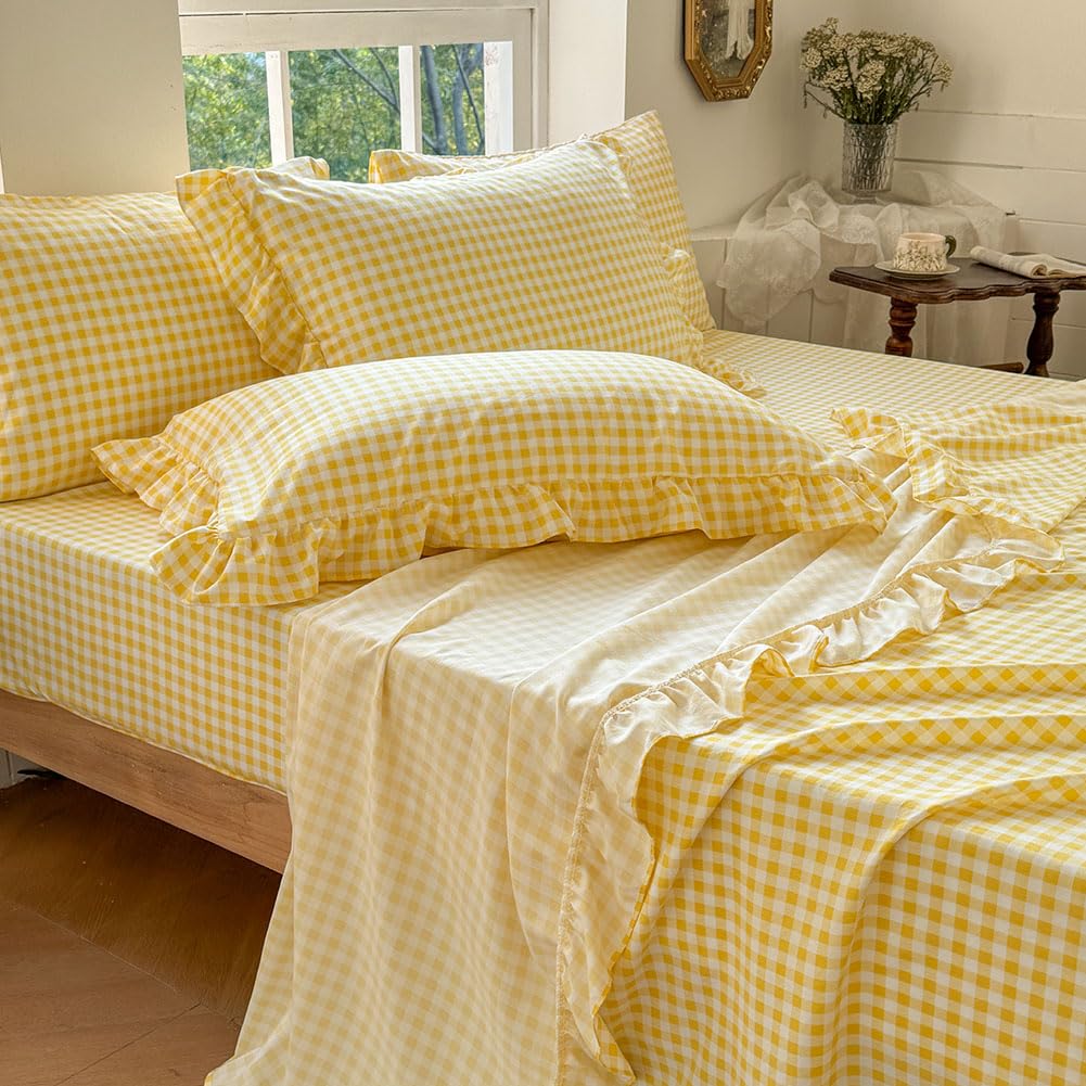 NSNLGSGC Yellow Gingham Ruffle Full Sheet Set, Yellow Soft Pre-Washed Microfiber Plaid Full Bed Sheets, 4-Pieces Farmhouse Sheet Set with Deep Pocket