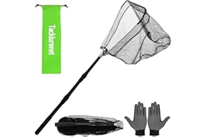 TACKLURENET Folding Kayak Fishing Net with Aluminum Alloy Frame Rubber-Coated Nylon Net for Small Fishing Net Fishing Landing Net for Non-Slip Gloves Storage Bag