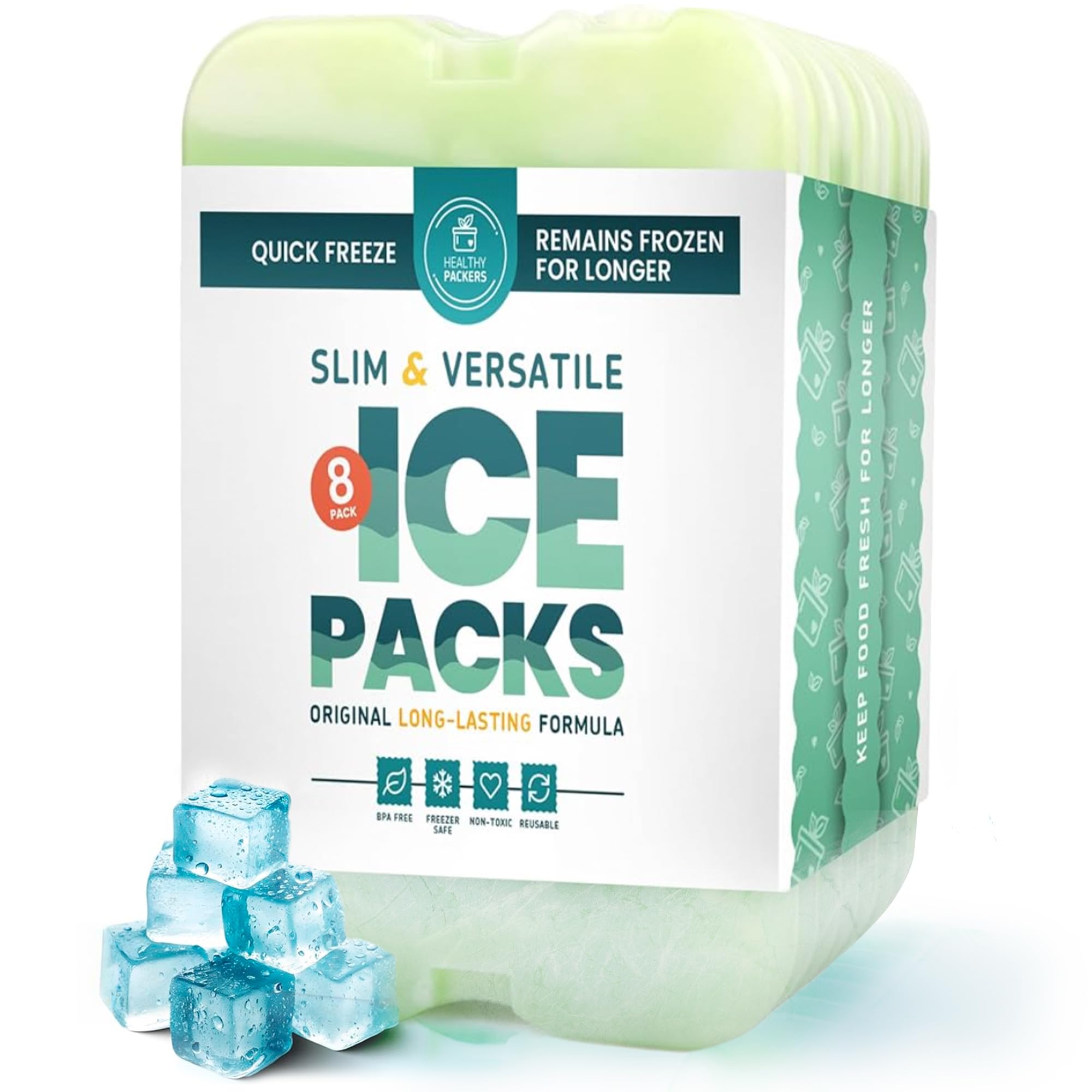Cool Pack, Slim Ice Pack for Lunch Box - Quick Freeze and Long-Lasting - Freezer Cold Packs for Cooler Bag and Lunch Boxes - Original Long-Lasting Formula - (8 Pack)