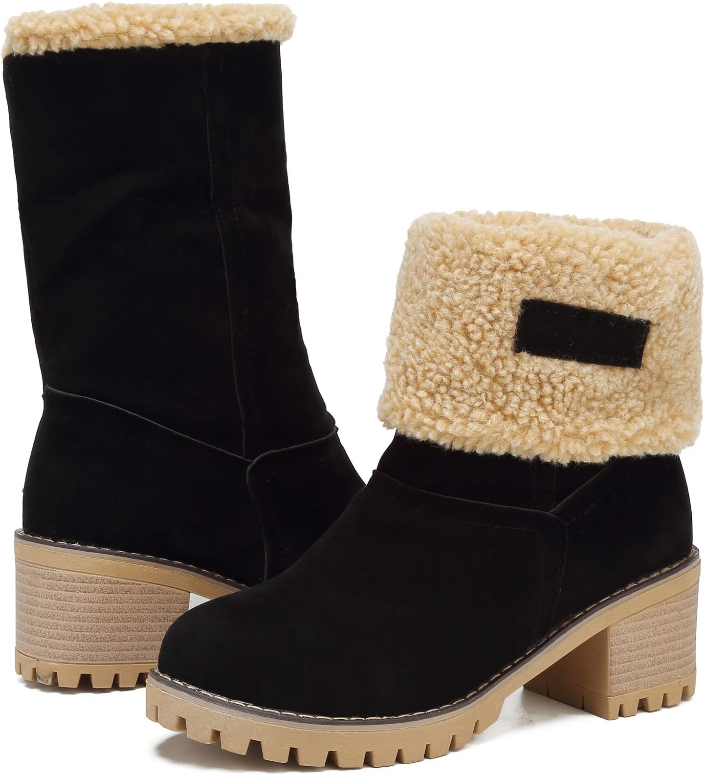 Women's Winter Snow Boots Waterproof Round Toe Suede Chunky Mid Heels Warm Fur Ankle Boots