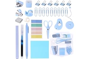 YUMOONI Mini Office Supply Kit, Blue Stapler with Staples and Tape Dispenser Set, Mini Stationary Kit Includes Sticky Notes Index Tabs Highlighters Gel Pens for Office & School (Blue)