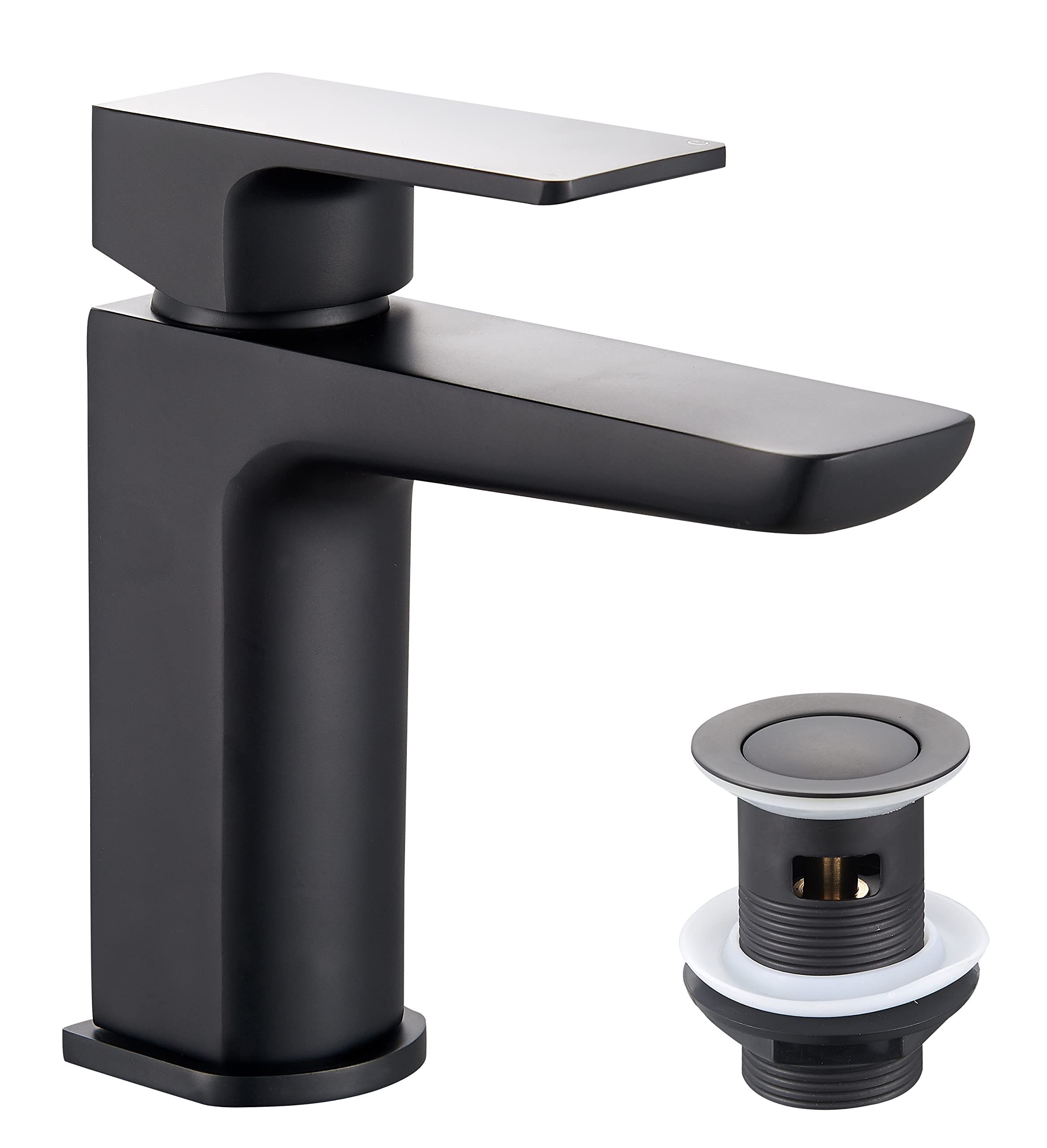 KEDWILL® Mono Basin Mixer Tap with Click Clack Sprung Waste Bathroom Sink Hot and Cold Faucet Solid Brass Modern Matt Black Easy to Fit/Install