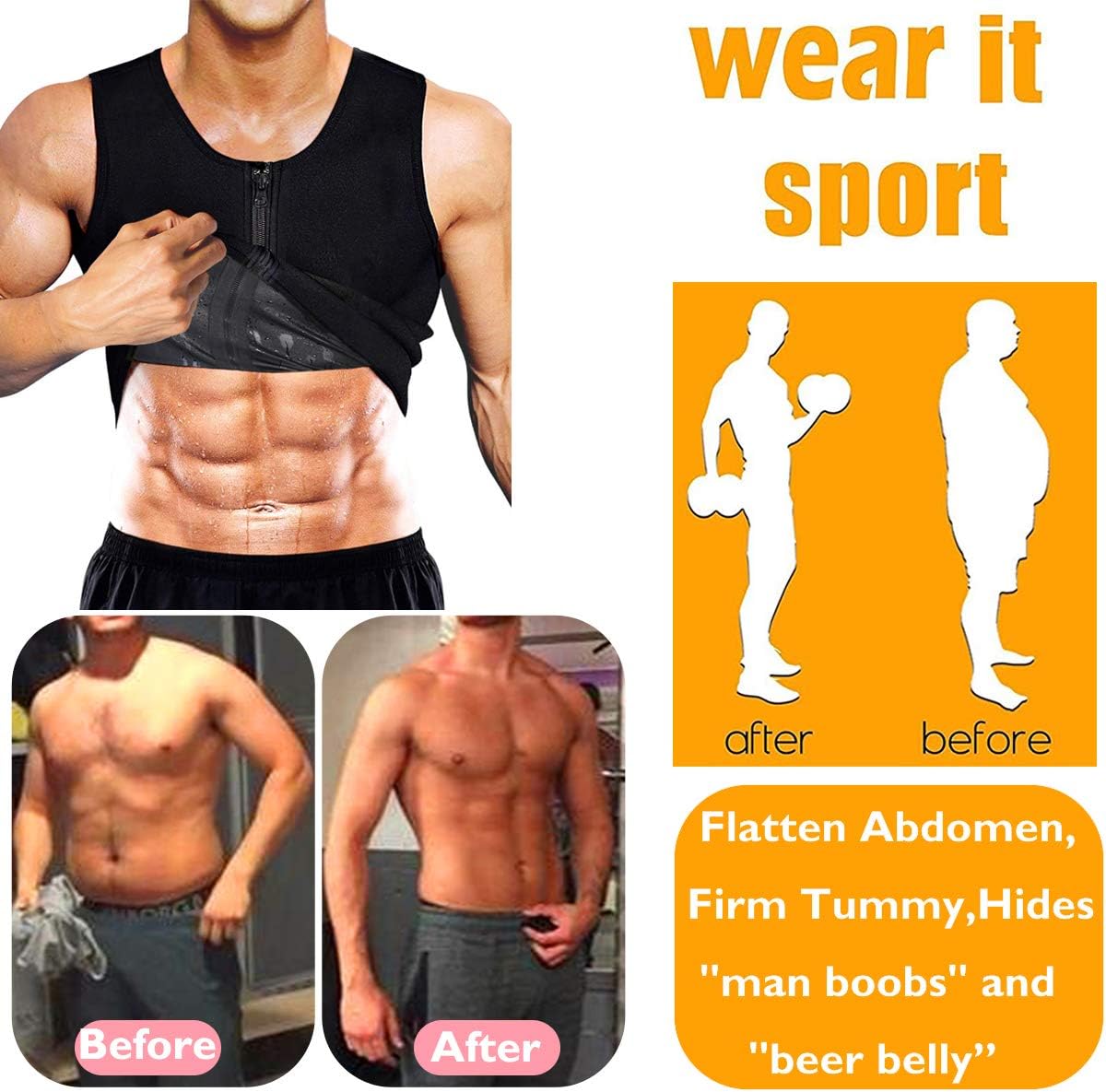 HOMETA Men Waist Trainer Sauna Vest Sweat Body Shaper Slimming Polymer Weight Loss Zipper Tank Top Premium Workout Shirt: Clothing