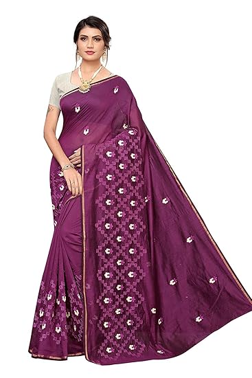 Women's Chanderi Cotton Blend Linen Embroided Style Saree with Blouse
