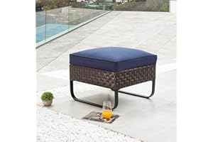 Festival Depot Outdoor Ottoman Patio Bistro Furniture Footstool Foot Rest with All-Weather Premium Fabric Soft Blue Cushion Brown Wicker Rattan and U Shaped Slatted Steel Legs for Garden Yard Lawn