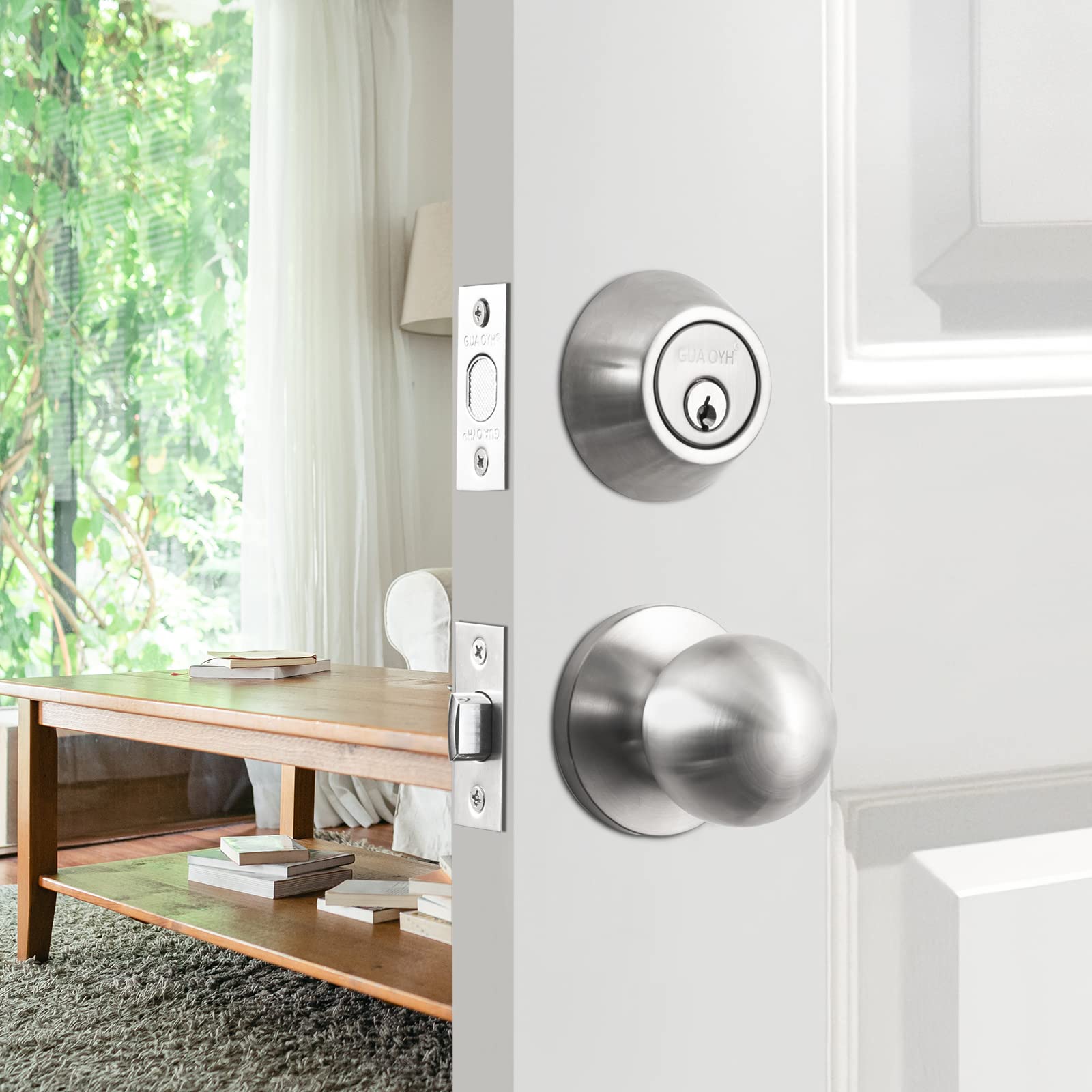 GUA OYH Front Door Lock Set Satin Nickel Entry Door Handle Sets with Single Cylinder Deadbolt and Ball Knob, Heavy Duty Front Door Handleset Door Handles for Front Door or Office Door