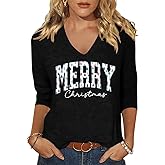 Women's Christmas V Neck Shirt Funny Xmas Party Graphic 3/4 Sleeve Tee Winter Holiday Family Matching Tops Blouse