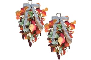 Egolot Set of 2pcs Fall Yellow Orange Eucalyptus Leaves Swag for Front Door, Autumn Leaves Teardrop with Berries and Bow for Indoor Outdoor, Fall Teardrop with Lamb Ear Leave for Mailbox Decor