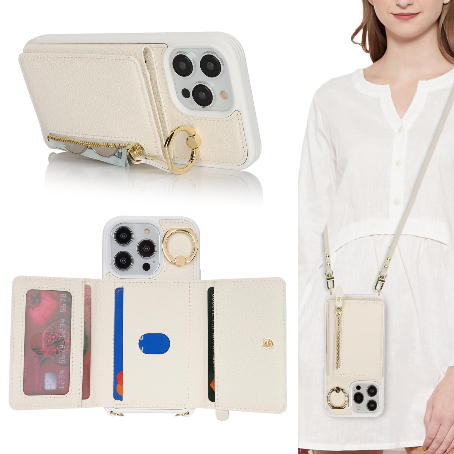 SunYoo for iPhone 13 Pro Case with Card Holder,for iPhone 13 Pro Wallet Case for Women with Strap Crossbody Lanyard Stand Ring,PU Leather Zipper Pocket Phone Cover-White