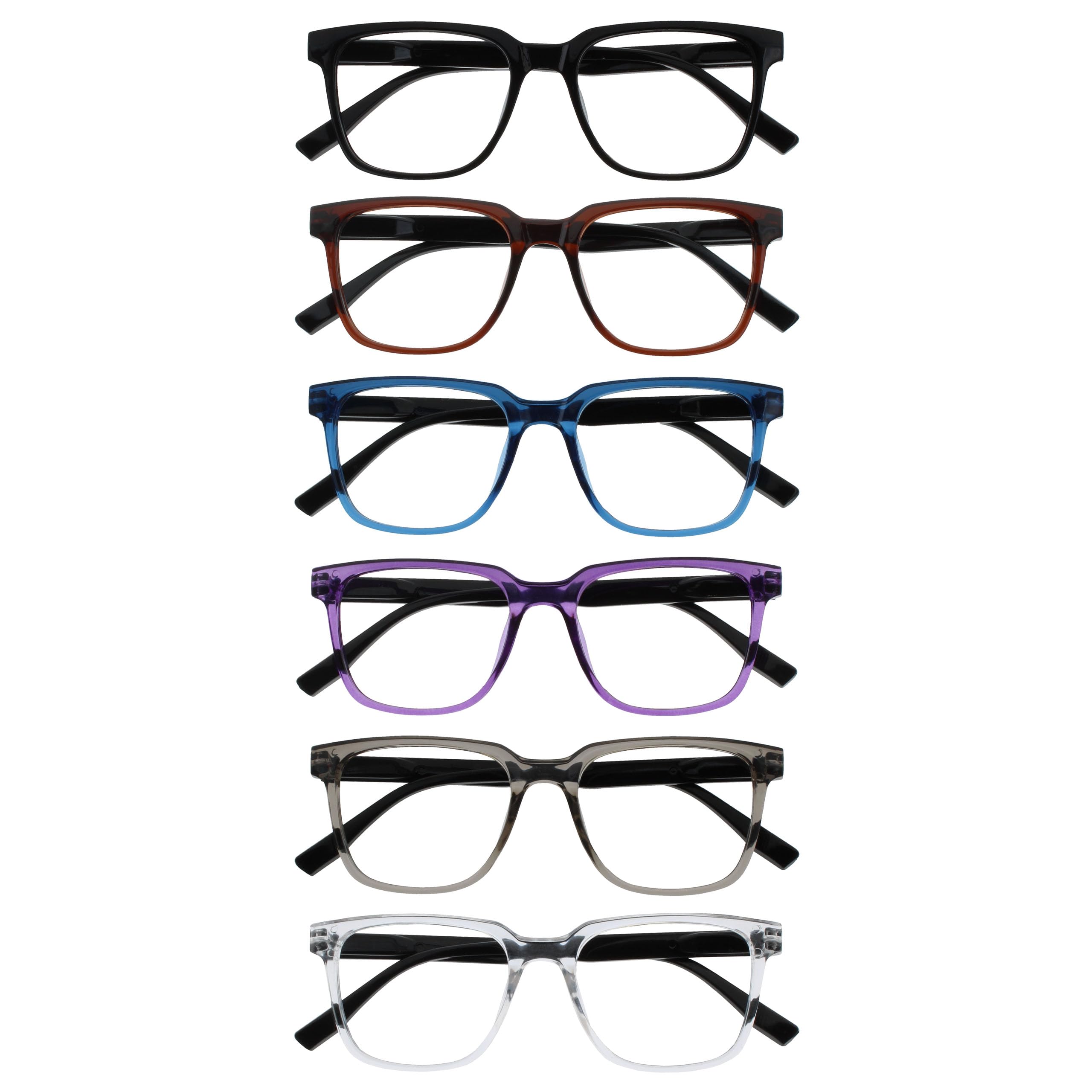 OPULIZE LEO Reading Glasses - 6-Pack - Large Rectangular Frame - Black, Brown, Blue, Purple, Grey, Clear - Mens Womens - Spring Hinges - RRRRRR55-12357C - +3.50