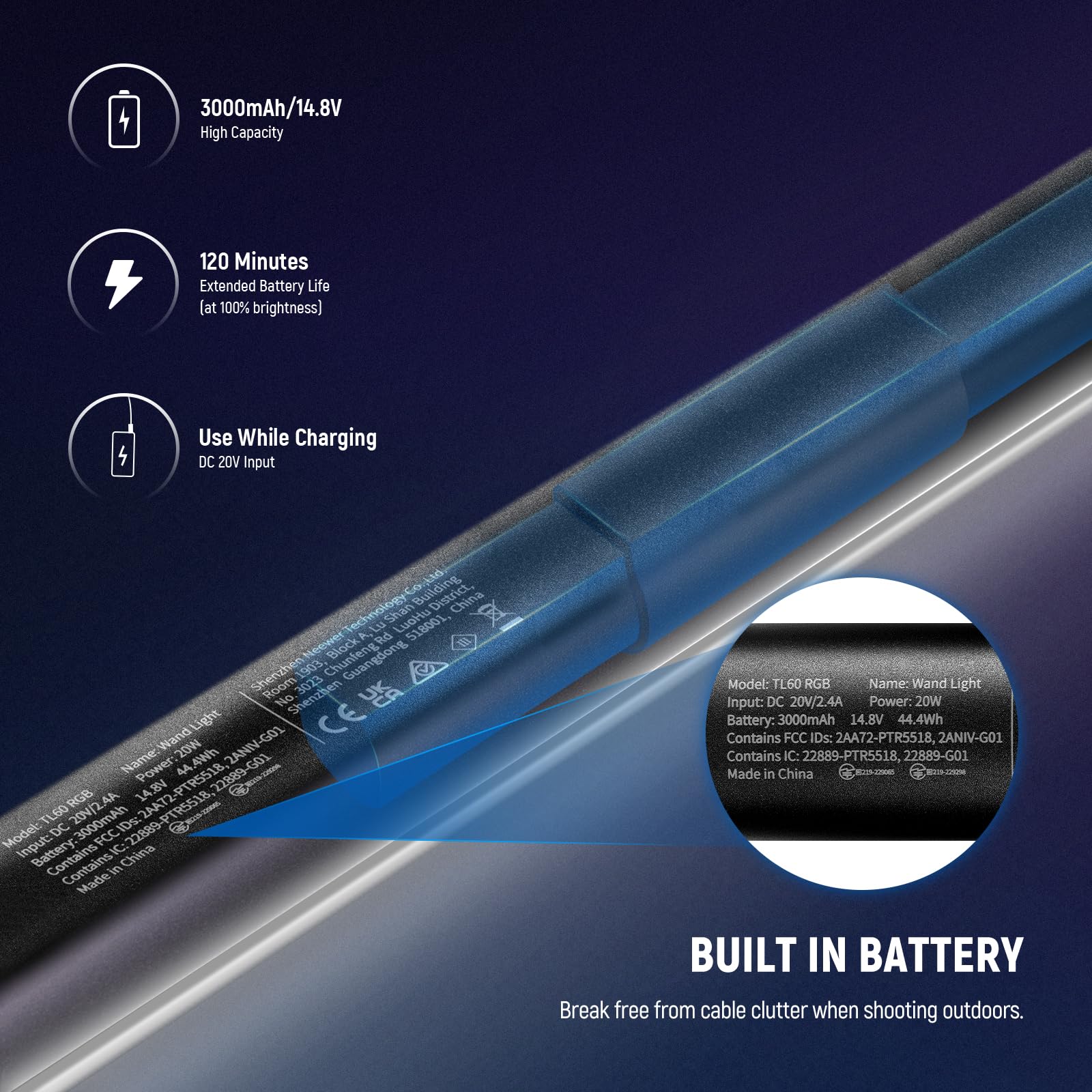 NEEWER TL60 RGB Tube Light, 20W Full Color RGBWW LED Video Lighting Wand Stick for Studio Photography Recording Streaming, APP/2.4G/DMX Control, 7 Pixel Effects 18 Scenes, 2500-10000K CRI97+ TLCI98+