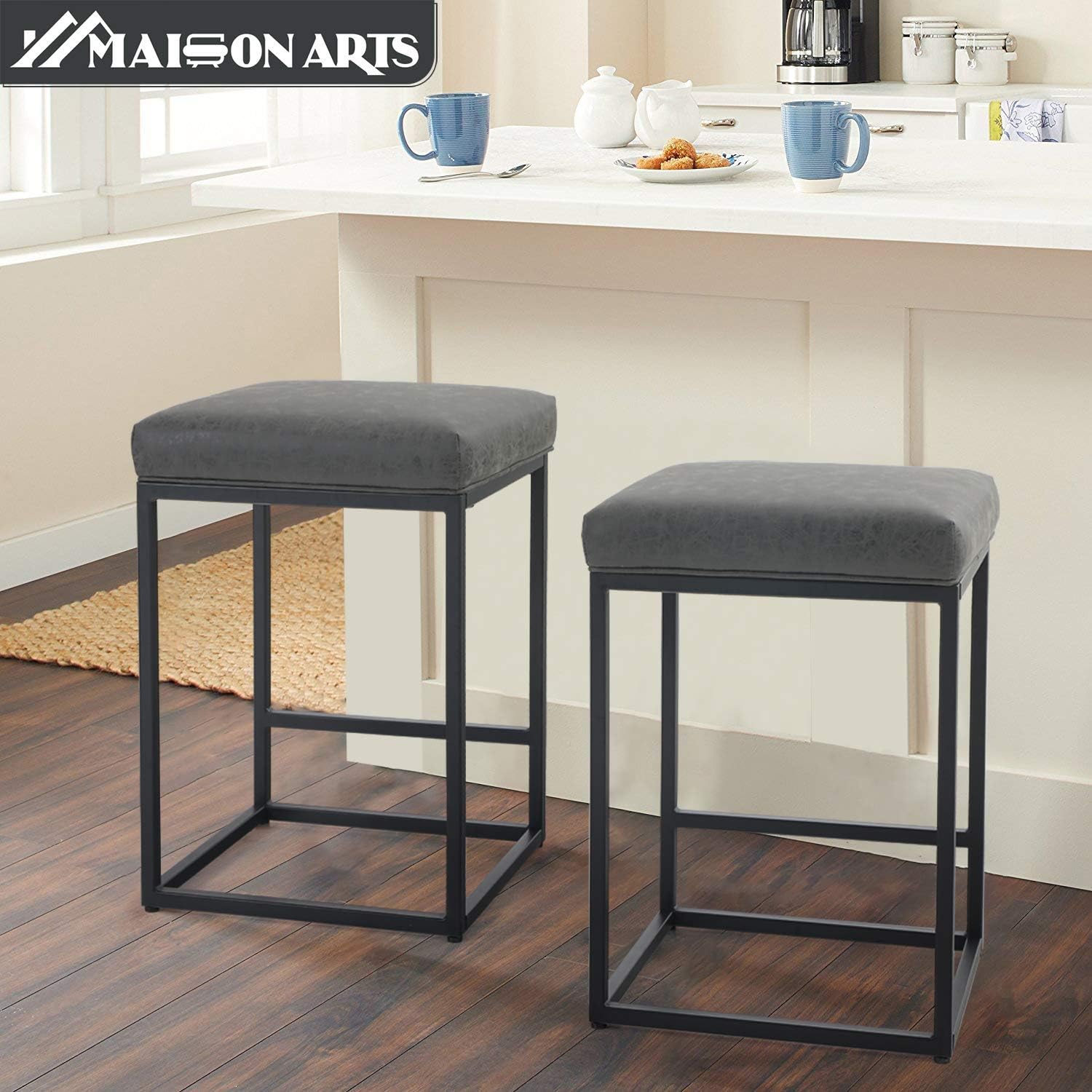 MAISON ARTS Counter Height 24" Bar Stools Set of 2 for Kitchen Counter Backless Industrial Stool Modern Upholstered Barstool Countertop Saddle Chair Island Stool,330 LBS Bear Capacity,(24 Inch, Grey): Kitchen & Dining