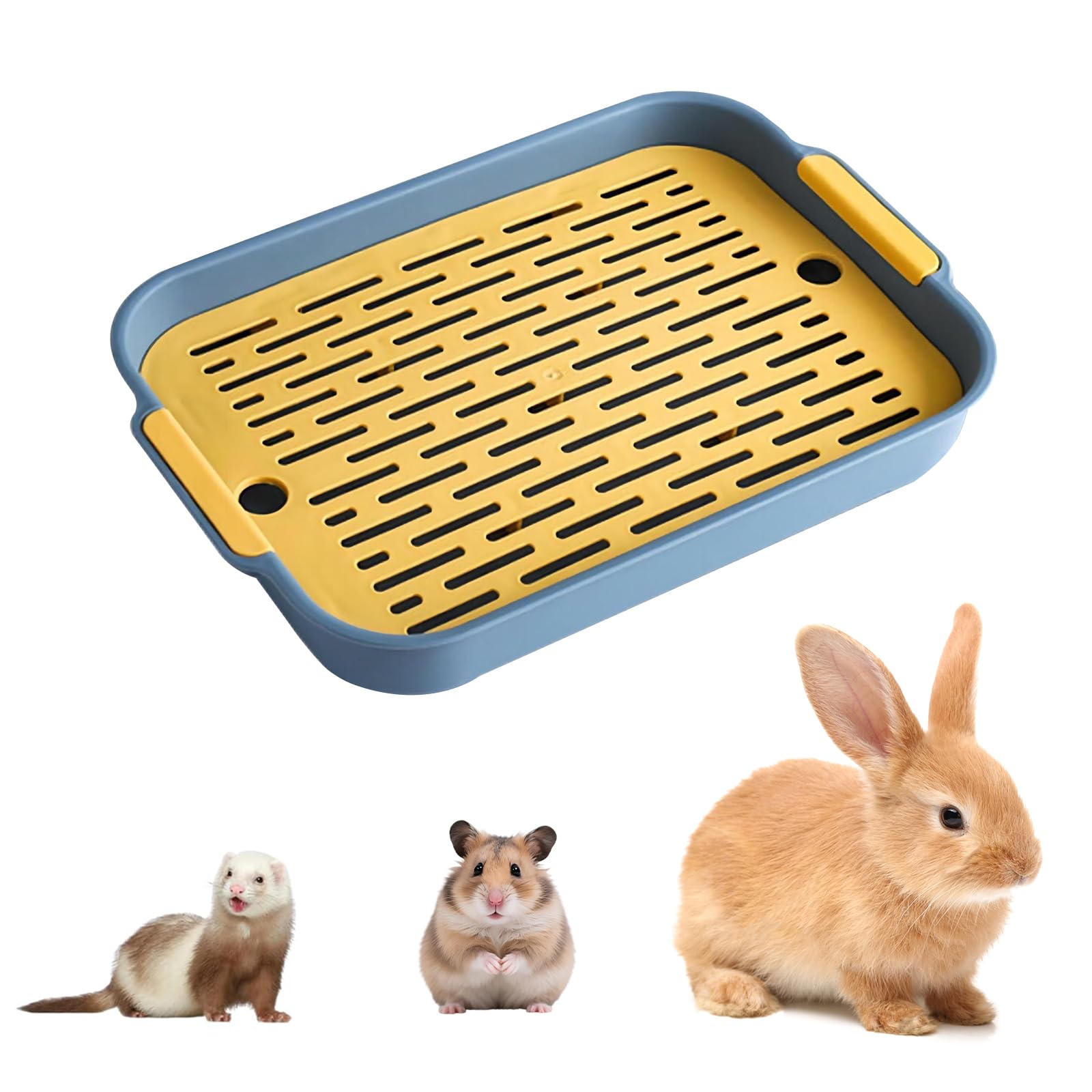 Hoquare Large Rabbit Litter Tray, Rectangular Bunny Litter Box with Grid, 2 Tier Flat Rabbit Cage Toilet Tray, Small Pet Litter Box Toilet Potty for Bunny, Guinea Pig, Cat(Blue)