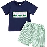 Mobbdow Toddler Baby Boy Clothes Golf Cart Embroidery Short Sleeve T-Shirt Top Gingham Seersucker Shorts Set Summer Outfits