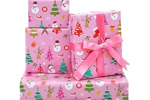 DXRJMB Pink Christmas Wrapping Paper, Baby Merry Christmas Xmas Santa Snowman Wrapping Paper with Pink Ribbon 6 Folded Sheets
