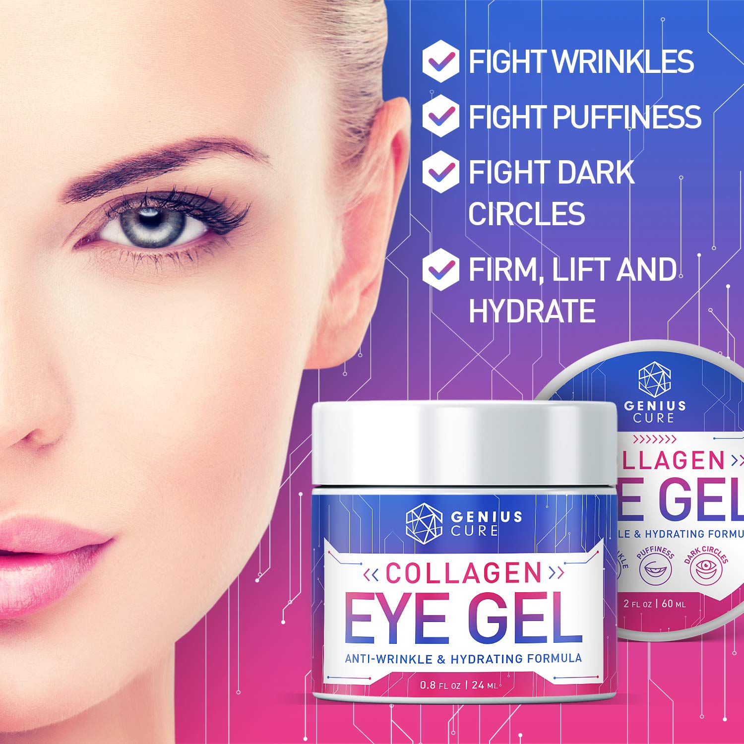 Collagen Eye Gel, Under Eye Gel Treatment for Reducing Dark Circles, Moisturizing, Targets Wrinkles Anti-Aging, Fine Lines, Eye Bags, Puffiness for Women Men 2oz: Beauty