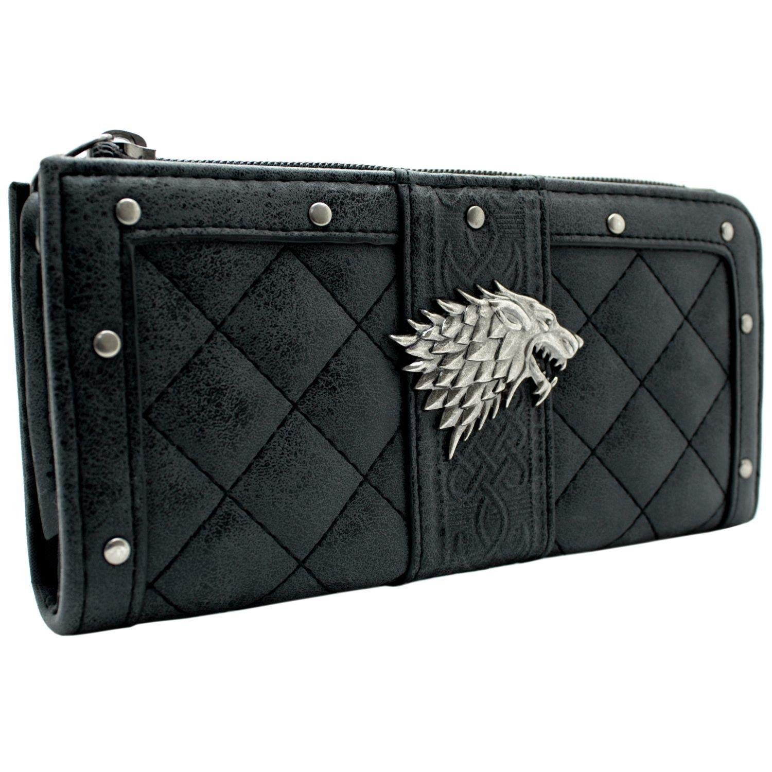 Game of House Stark Thrones Dire Wolf Metal Emblem Purse Clutch Coin & Card Holder, Grey