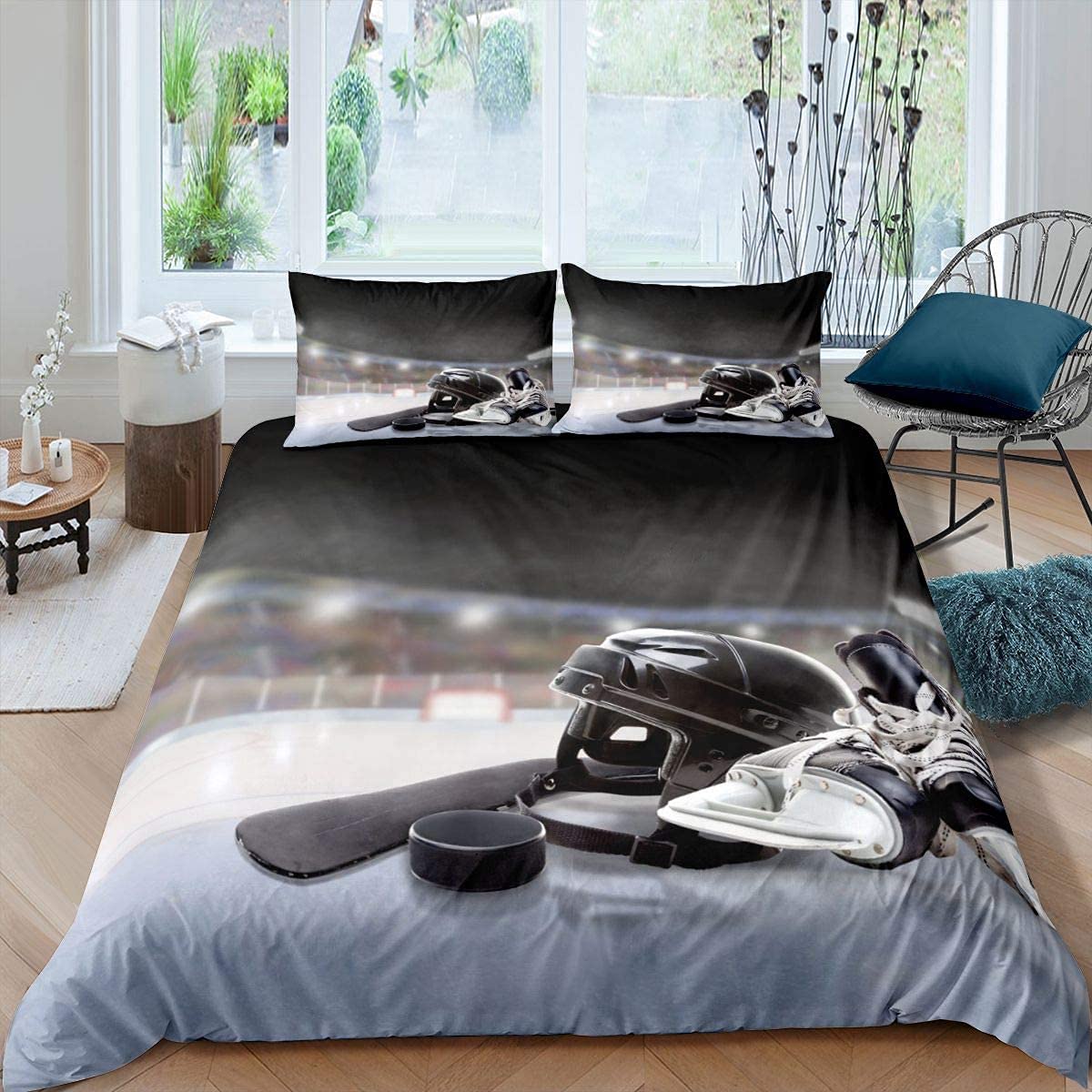 Ice Hockey Comforter Cover Set Sports Puck Protective Gear Bedding Set for Kids Boys Teens Ice Hockey Game Duvet Cover Soft Breathable Bedding & Linen 2Pcs Single Size,Zipper — image 1