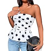 WDIRARA Women's Strapless Ruffle Hem Tube Top Ruched Sleeveless Bandeau Peplum Tops