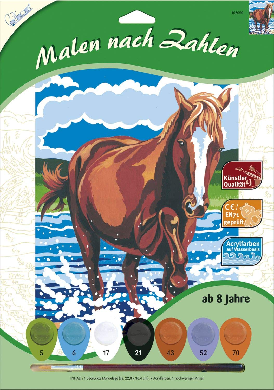 Mammut Spiel & Geschenk Numbers Animal Horse, Complete Printed A4 Colouring Template, 7 Acrylic Brush, Painting Set for Children Aged 8 Years, 22,8 x 30,4 cm